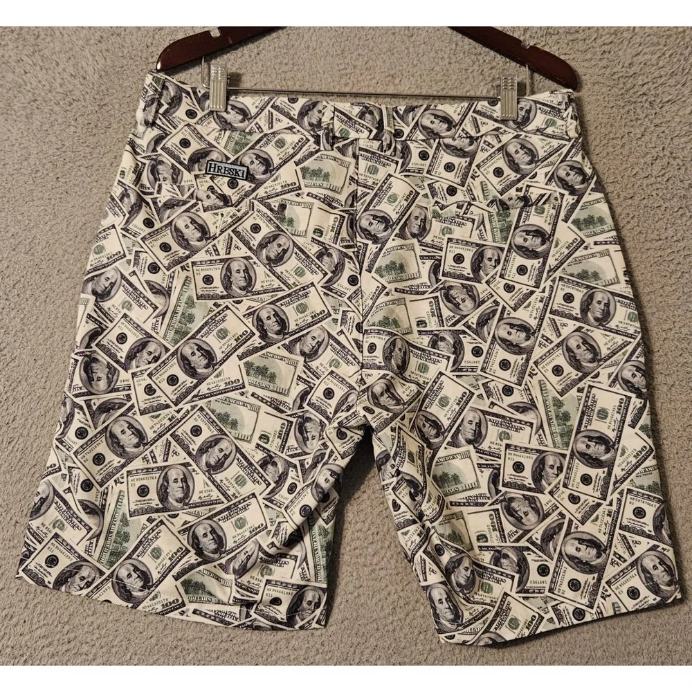 Hreski Mens Money Print Golf Shorts 100 Dollar Bill Novelty Size 34 White Green